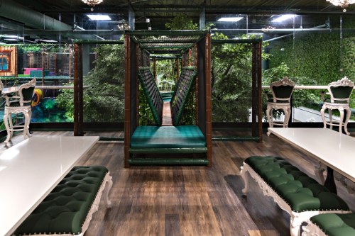 A modern indoor space featuring green decor, a unique seating area, and large windows with views of trees.