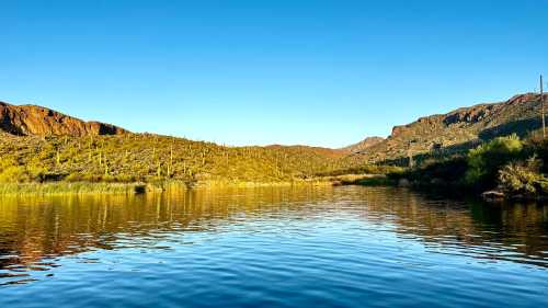 A serene landscape featuring a calm lake surrounded by mountains and lush greenery under a clear blue sky.