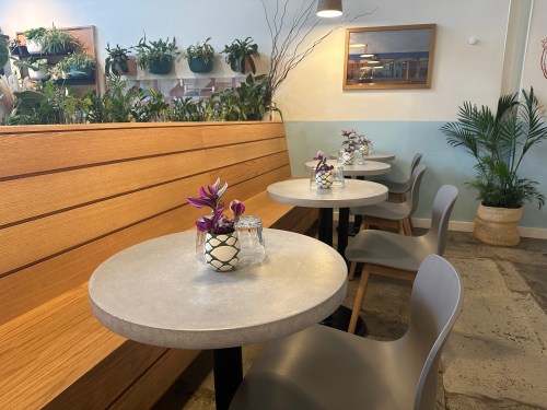 A cozy café interior with wooden benches, small tables, and potted plants, featuring floral centerpieces.