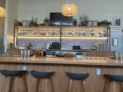 A modern bar with a wooden counter, shelves of liquor, plants, and a decorative light fixture above.