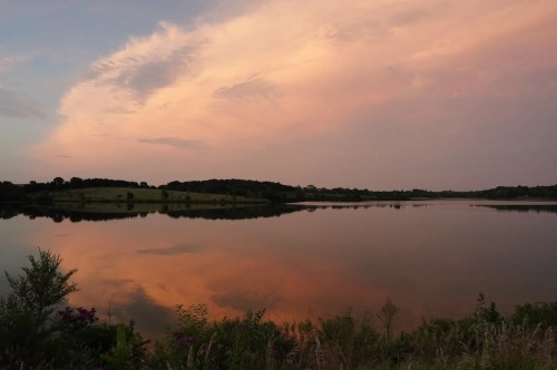 A serene lake at sunset, reflecting soft pink and orange hues in the water, surrounded by lush greenery.