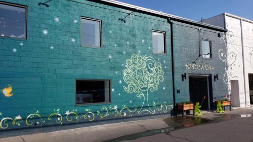 Colorful mural of a tree on a teal building with a sign reading "KIDEADIA" and planters outside.