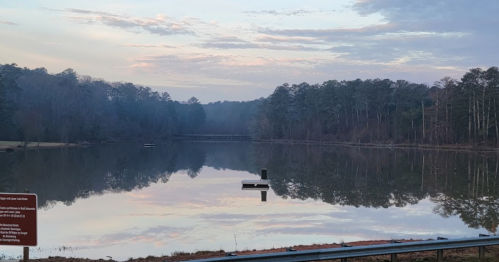 A calm lake reflects trees and a cloudy sky, with a small dock visible in the water.