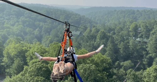A person zip-lining over a lush green forest, arms outstretched, enjoying the thrill of the ride.