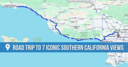 Map highlighting a road trip route to seven iconic views in Southern California, including landmarks and scenic spots.