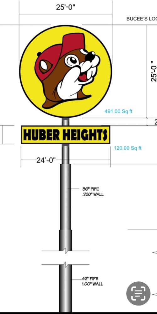 Sign design featuring a cartoon beaver wearing a red hat, labeled "Huber Heights," with dimensions and specifications.