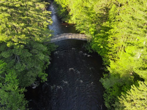 Aerial view of a wooden bridge over a flowing river, surrounded by lush green trees.