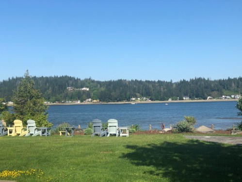 A serene lakeside view with colorful chairs on a grassy shore, surrounded by trees and distant houses under a clear blue sky.