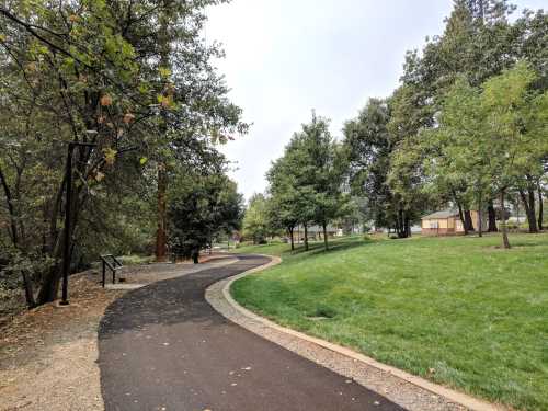 A winding path through a park, surrounded by trees and grassy areas, with a cloudy sky above.