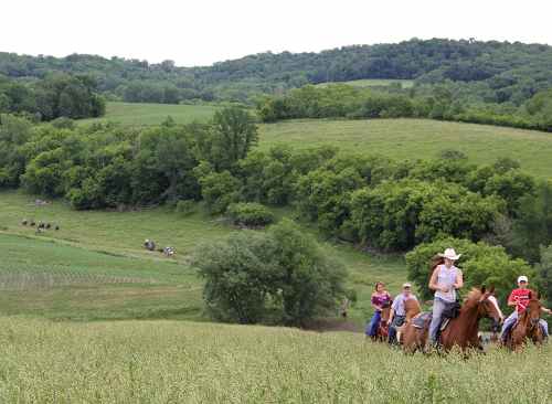A group of people riding horses through a green field, with rolling hills and trees in the background.