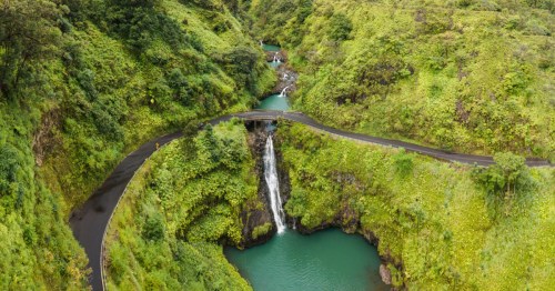 Overhead view of the Maui waterfalls and one of the famous bridges which is on the Road to Hana.