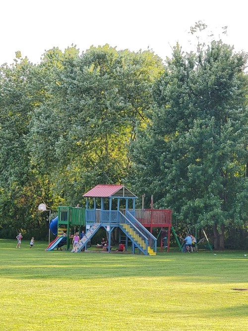 A colorful playground with slides and climbing structures, surrounded by trees and children playing on a sunny day.