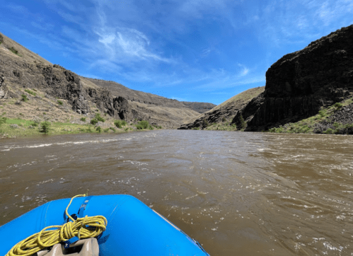 A blue raft floats on a river surrounded by rocky cliffs and green hills under a clear blue sky.