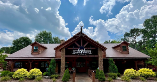 A rustic restaurant with a wooden exterior, surrounded by greenery and under a cloudy blue sky.
