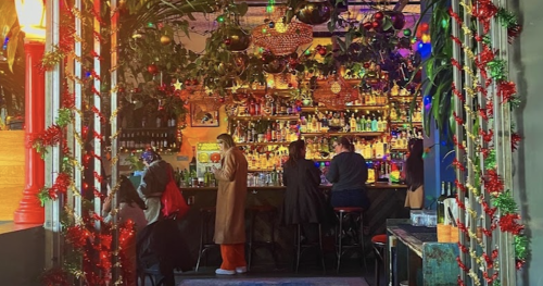 A festive bar scene decorated with holiday lights and plants, featuring patrons at the bar and a cozy atmosphere.
