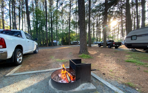 A campfire burns in a fire pit surrounded by trees, with parked vehicles and campers in the background.