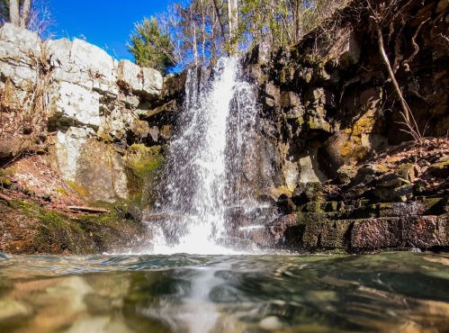 A serene waterfall cascades over rocky cliffs into a clear pool, surrounded by trees under a bright blue sky.