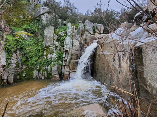 A small waterfall cascades over rocky terrain into a muddy pool, surrounded by greenery and boulders.