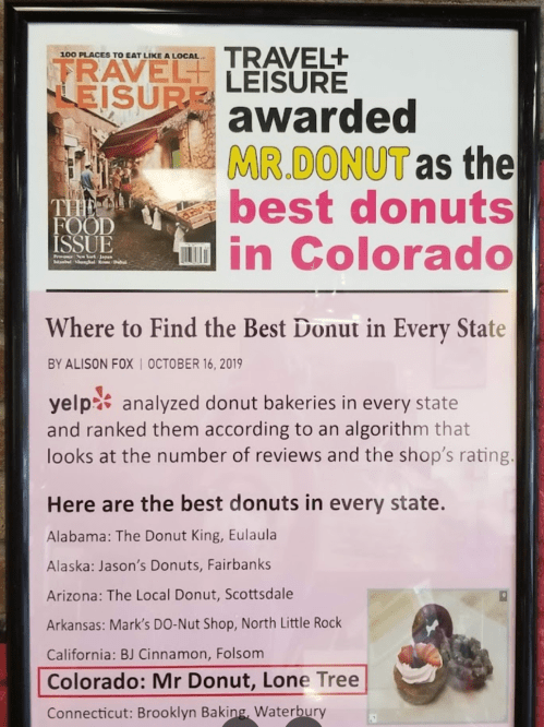 Magazine cover featuring "Mr. Donut" awarded best donuts in Colorado, with a list of top donut shops in various states.