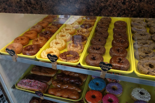 A display case filled with various donuts, including vanilla, buttermilk, chocolate cake, and glazed varieties.