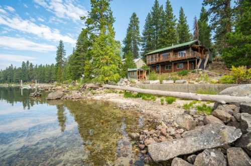 A serene lakeside scene featuring a cabin surrounded by tall trees and rocky shoreline under a clear blue sky.