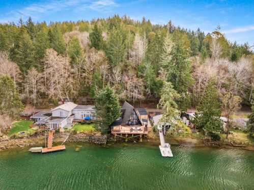 Aerial view of a lakeside property with homes, docks, and lush green trees along the shoreline.