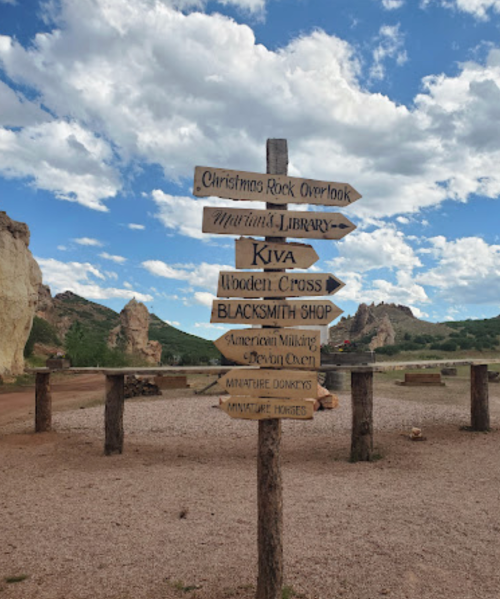 A wooden signpost with directional arrows pointing to various attractions against a backdrop of blue skies and rocky formations.