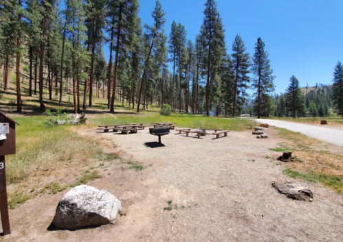 A picnic area with tables and a grill, surrounded by tall pine trees and a clear blue sky.