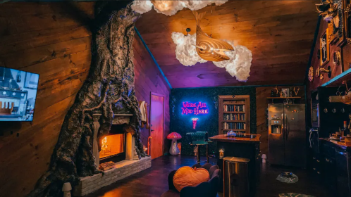 Cozy interior with a tree trunk feature, fireplace, colorful lighting, and unique decor elements.