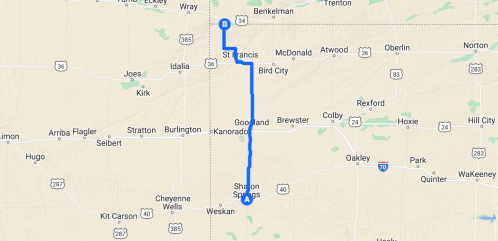 Map showing a route from St. Francis to Sharon Springs, with highways and towns marked along the way.