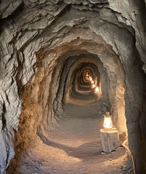 A dimly lit tunnel with rocky walls, featuring lanterns along the path illuminating the way forward.