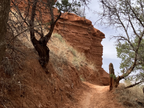 A winding dirt path leads through red rock formations and sparse trees under a cloudy sky.