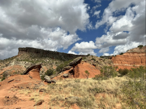 A rugged landscape featuring red rock formations, green shrubs, and a blue sky with fluffy clouds.