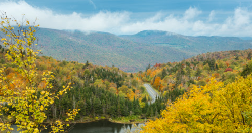 A scenic view of colorful autumn foliage, mountains, and a winding road beside a calm lake under a cloudy sky.