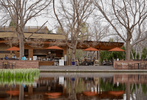 A lakeside café with outdoor seating under orange umbrellas, surrounded by bare trees and reflecting in the water.