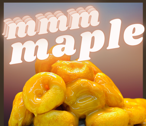 A stack of glazed donuts drizzled with maple syrup, with the text "mmm maple" in a playful font above.