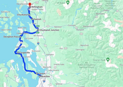 Map showing a route from Mukilteo to Bellingham, highlighting towns like Coupeville, Chuckanut, and Deception Pass.