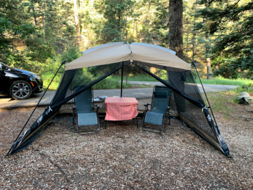 A camping setup with a tent, two chairs, and a table covered with a red checkered cloth in a forested area.