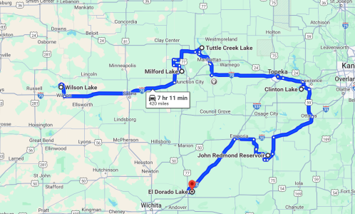 Map showing a route through Kansas, highlighting lakes and travel time of 7 hours and 11 minutes over 420 miles.