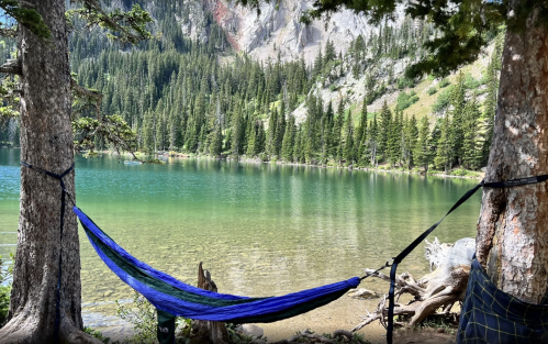 A serene lake view framed by trees, with a hammock set up between them, surrounded by lush greenery and mountains.