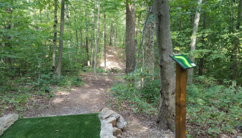 A wooded trail with a signpost marking the path, surrounded by lush green trees and a grassy area at the start.