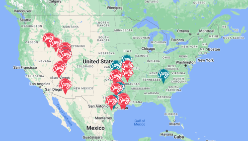 Map of the United States highlighting various locations marked with "Swig" in red and blue.
