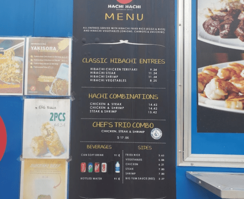 Menu board for Hachi Hachi featuring hibachi entrees, combinations, and beverages with prices listed.