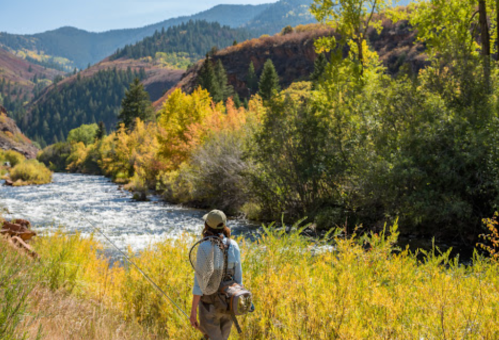 A person stands by a river surrounded by colorful autumn foliage and mountains in the background.