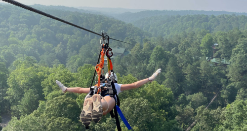 A person zip-lining over a lush green forest, arms outstretched, enjoying the thrill of the ride.