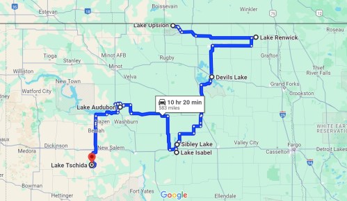 Map showing a route through North Dakota, connecting various lakes including Lake Tschida and Lake Renwick.