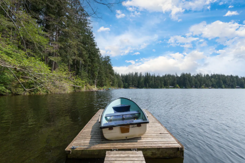A small boat on a wooden dock by a calm lake, surrounded by lush trees and a blue sky with scattered clouds.