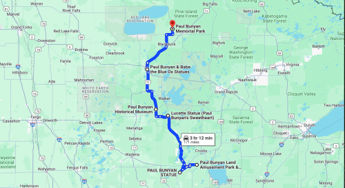 Map showing a route from Paul Bunyan Memorial Park to various Paul Bunyan attractions in Minnesota.