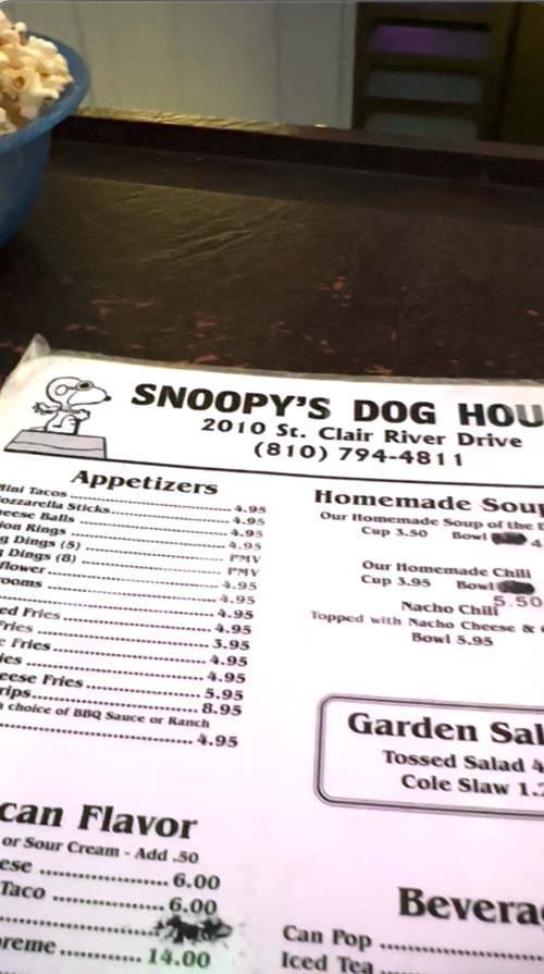 Menu from Snoopy's Dog House featuring appetizers, soups, salads, and prices. Location: 2010 St. Clair River Drive.