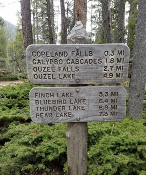 Wooden signpost with trail distances to various lakes and waterfalls in a forested area.
